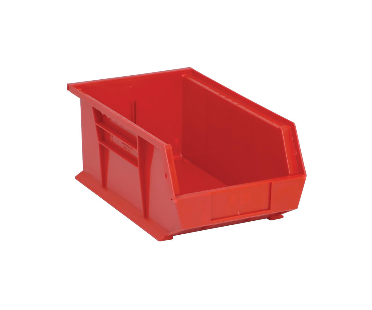 Quantum Storage QUS241 Heavy-Duty Stackable Plastic Storage Bins for Workshop, Warehouse & Garage, Ultra Stack & Hang, 13-5/8" x 8-1/4" x 6", Red, 12-Pack