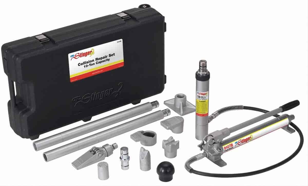 OTC 1515B 10-Ton Hydraulic Portable Collision Repair Set - Includes Single-Speed Hand Pump, 6" Stroke Ram, Snap Together Extension Tubes, Multiple Heads/Bases, Couplers, Storage Case, and More