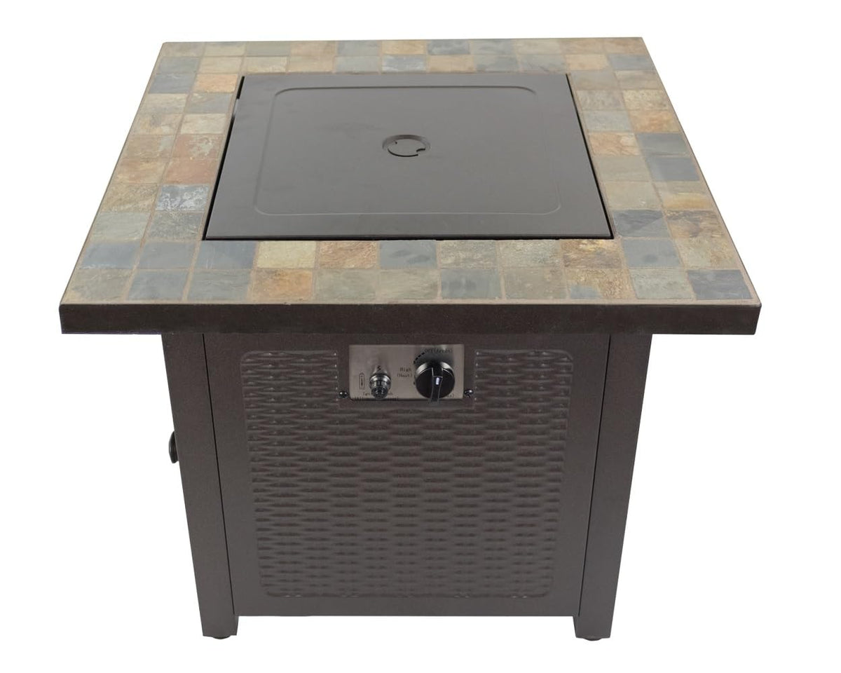PrimeGlo 30" Propane Fire Pit Table with Lid, Natural Slate Top, 50,000 BTU, Antique Bronze, Stainless Steel Burner, Amber Fireglass