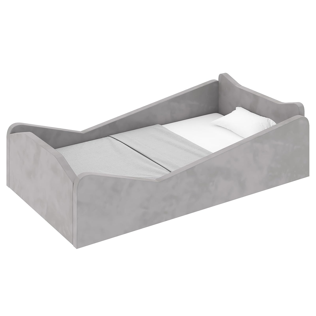 JOYMOR Toddler Bed, Floor Bed with Safety Guadrail, Montessori Toddler Bed with Animal Ear Shapes, Soft Velvet Wood Bed for Infant, Kids, Mattress not Included (Gray)