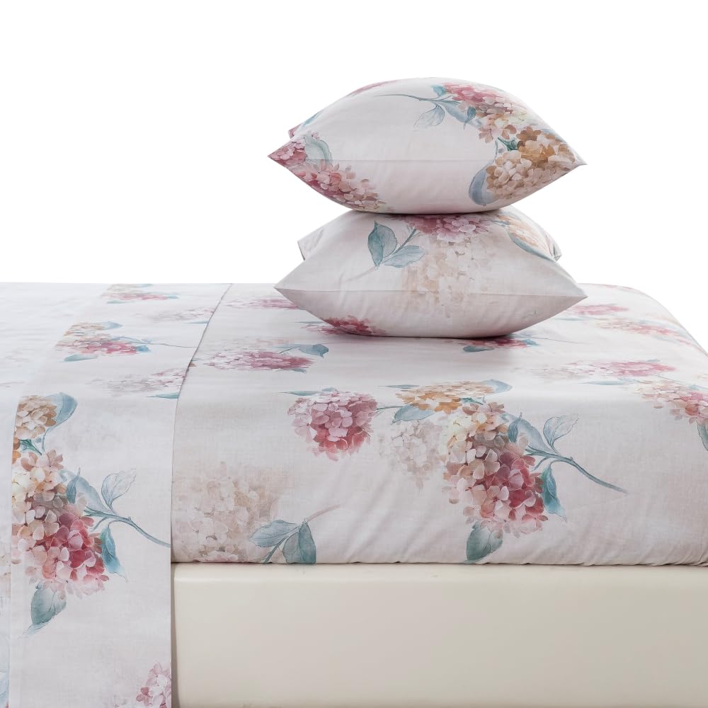 DAUAOTO Twin Size Printed Sheets Set, 100% Cotton Bedding Sets, Up to 14" Deep Mattress, Floral Pattern Bedlinen Set, Hydrangea Blush