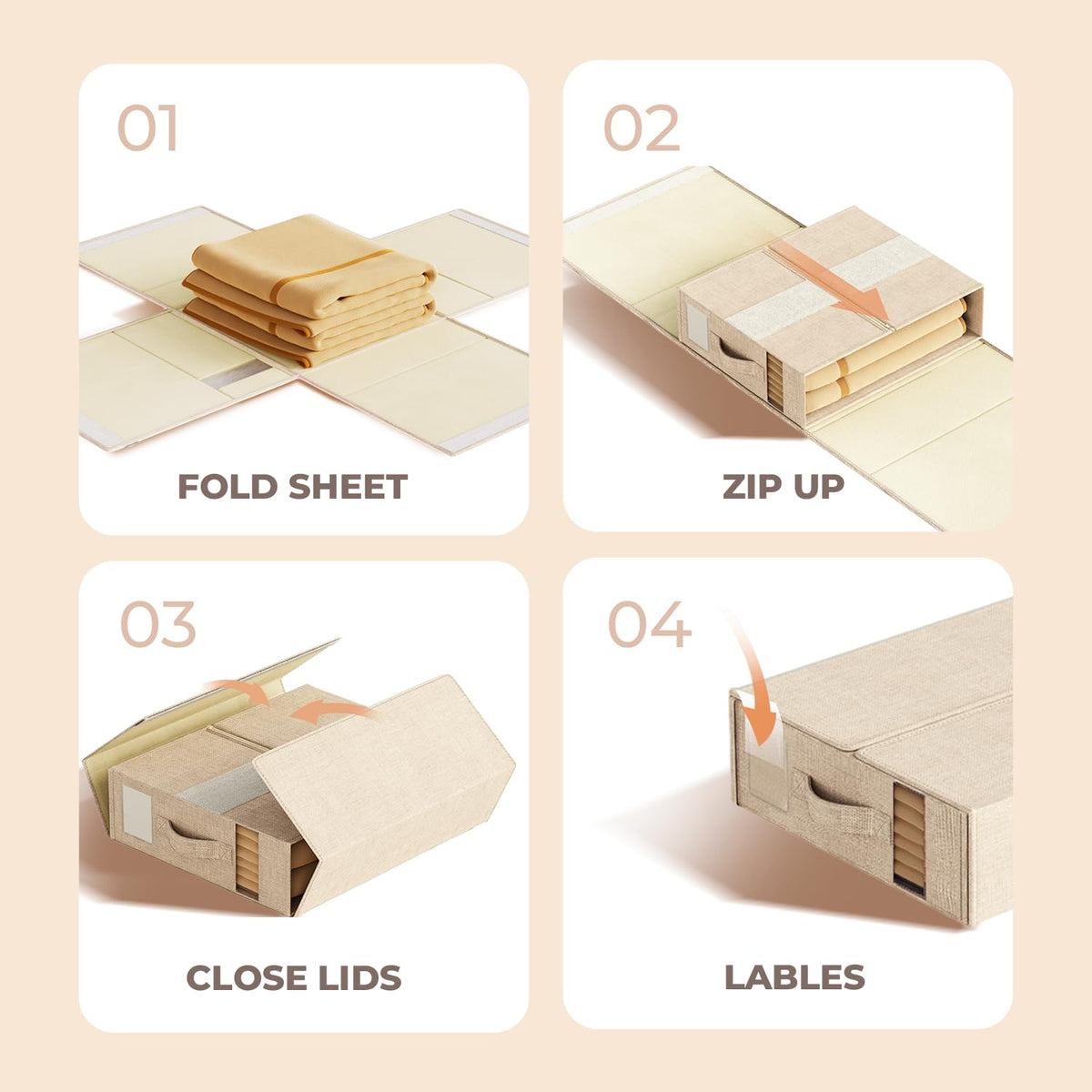 4 Pack Sheet Storage Organizer (King & Queen Size) with handle, Foldable Sheet Set Organizer for Linen Closet, Sheet Organizer for Blanket, Coverlet and Towel, Beige