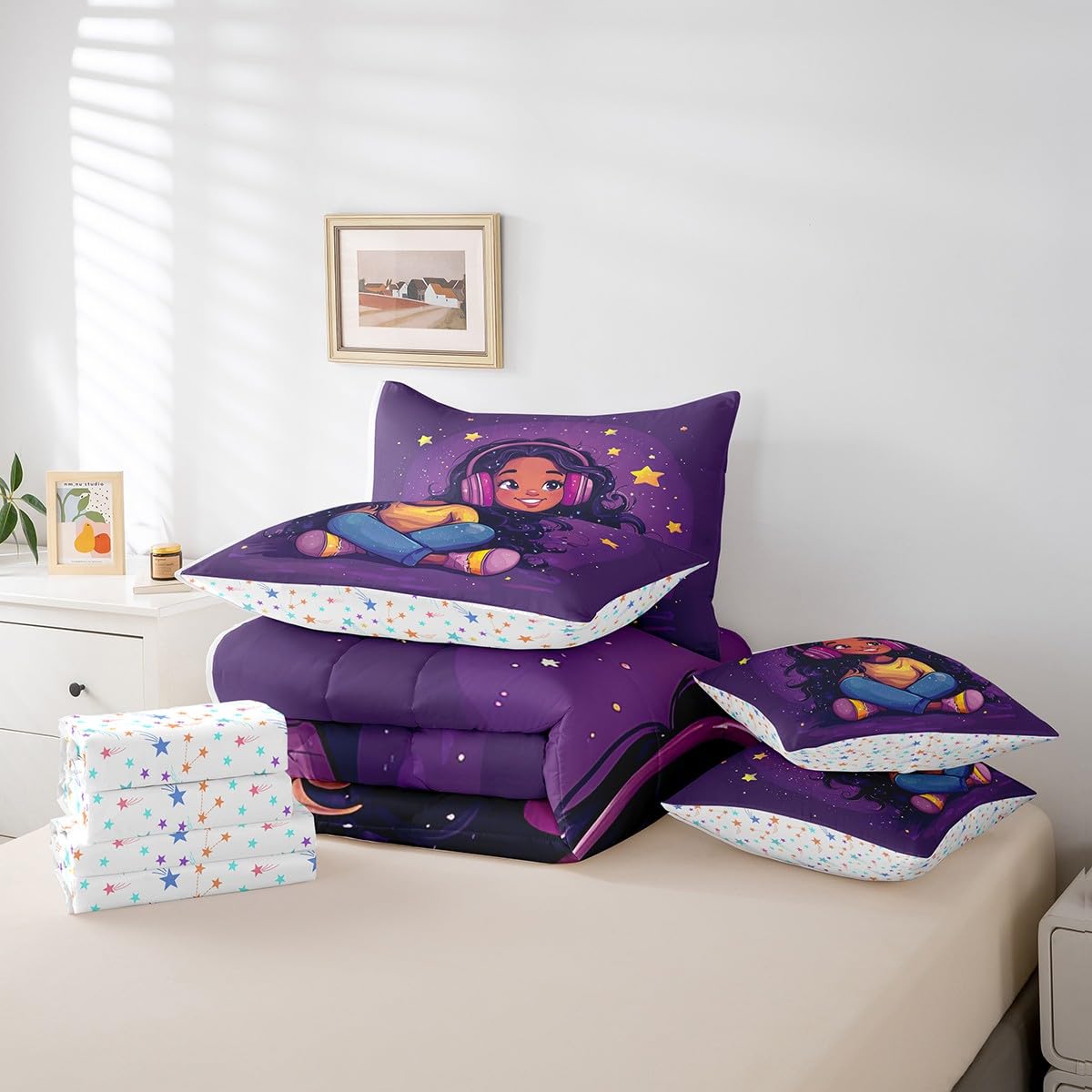 jejeloiu Kids Cute Black Girl Comforter Set 7 Pieces Full Size African American Girl Bedding Set Music Star Print Bed in a Bag with Comforter, Sheets, Pillowcases & Cushion Covers(No Glitter)
