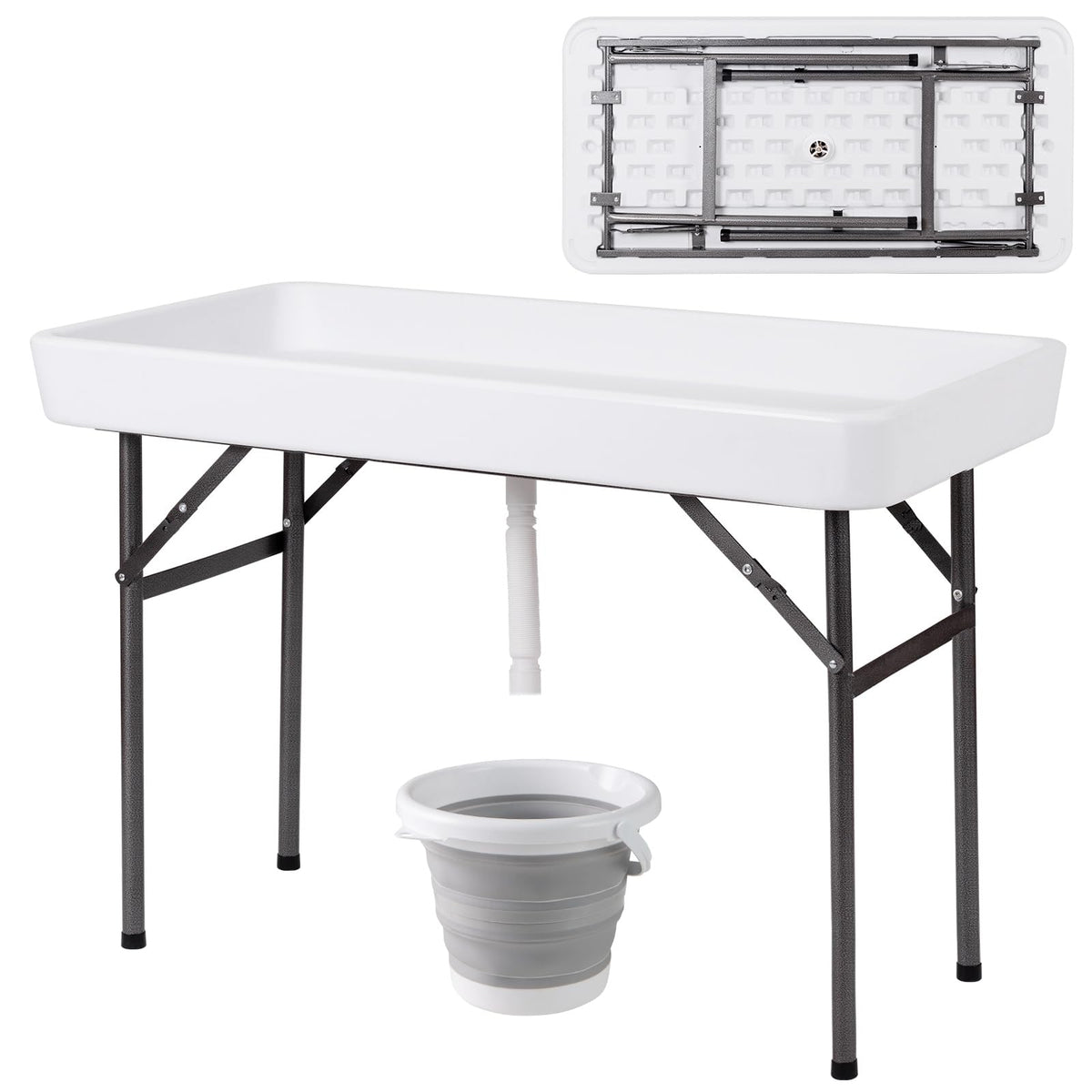 Giantex 4 FT Folding Ice Cooler Table with Drain & Bucket, Removable Skirt, No Assembly, Portable Fill and Chill Table for Food Drink Beverage, Foldable Party Ice Bin for Camping BBQ, White
