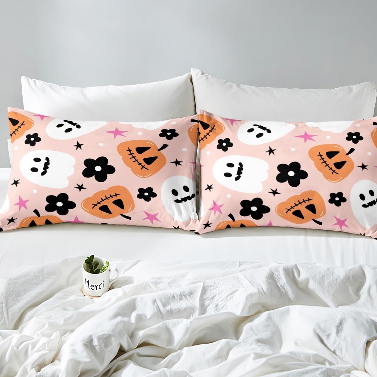 jejeloiu Cute Halloween Bed Sheets Set King Size Cartoon Ghost Pumpkin Fitted Sheet for Kids Boys Girls Trick or Treat Decor Bedding Set Soft Lightweight Microfiber Bedroom Decor(with 2 Pillow Cases)