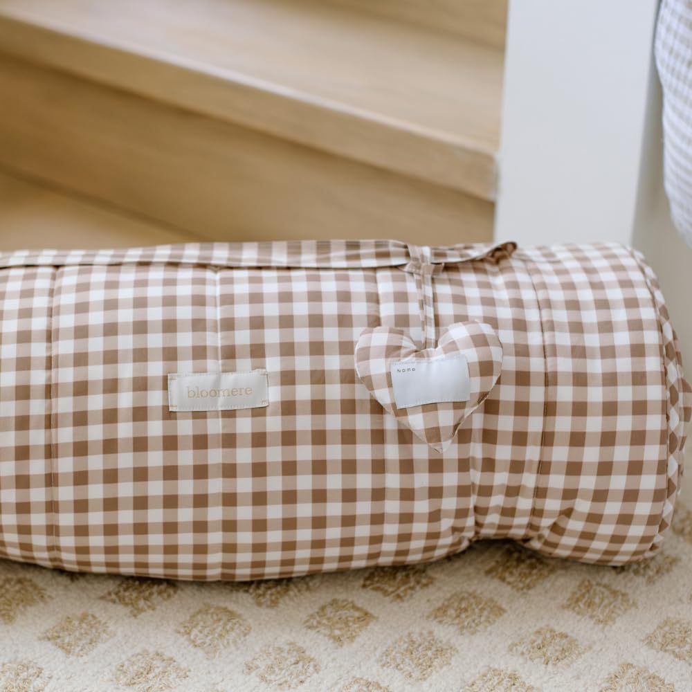 Bloomere Organic Toddler Nap Mat β 100% Cotton Fabric Kids Washable Sleeping Mat & Detachable Pillow β Sleeping Bag with Soft 1.5β Pad β Nap Mat for Daycare, Preschool, & Sleepovers (Brown Gingham)