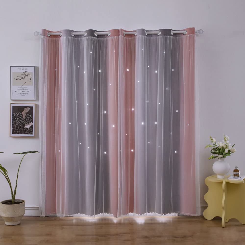 ZHUHAN Ombre Rainbow Blackout Curtains for Kid Girls Bedroom Living Room Darking Stripe Double Layer Star Cut Out Wall Home Decor Gradient Grommet Window Curtains (Pink Grey 52W x 72L