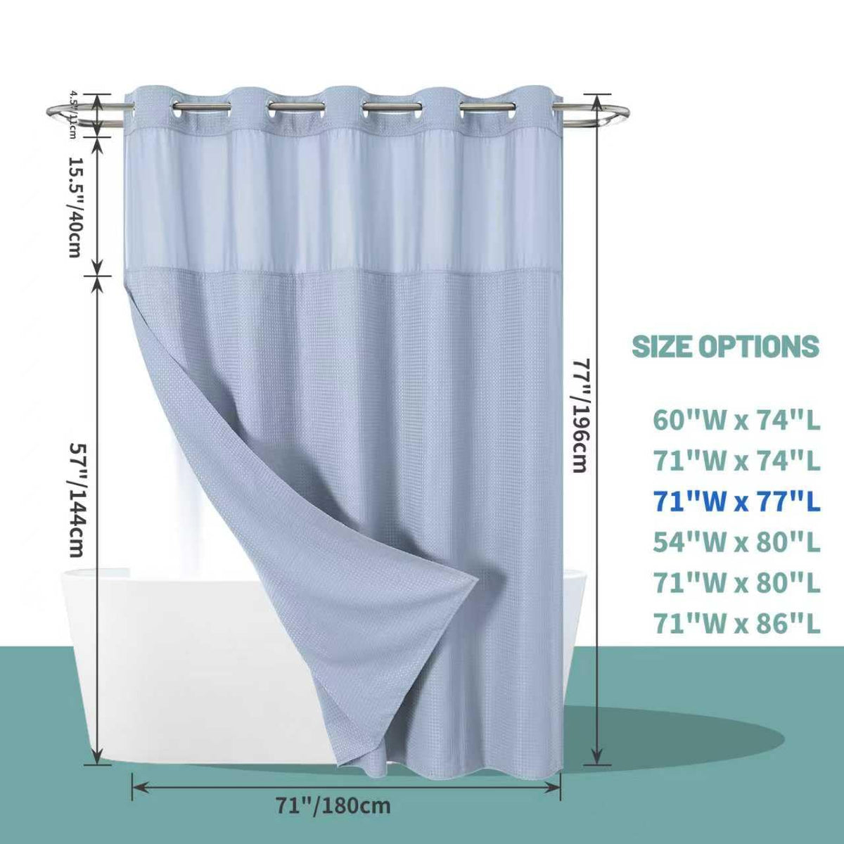 eachope ForstBlue No Hook Waffle Weave Shower Curtain with snap-in Liner Replacement, 230GSM Waterproof Fabric Hotel Shower Curtain Set for Bathroom, Through Mesh Top Window,71Wx77H