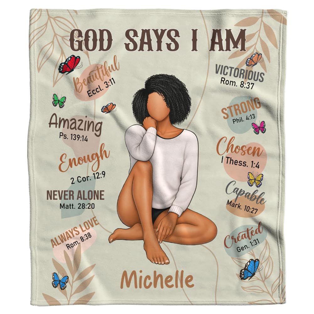 CAPOZEN Personalized God Says I AM Blanket โ Custom Name African Inspirational Christian Throw Blankets Gifts for Queen Girl Black Women (Style #2)
