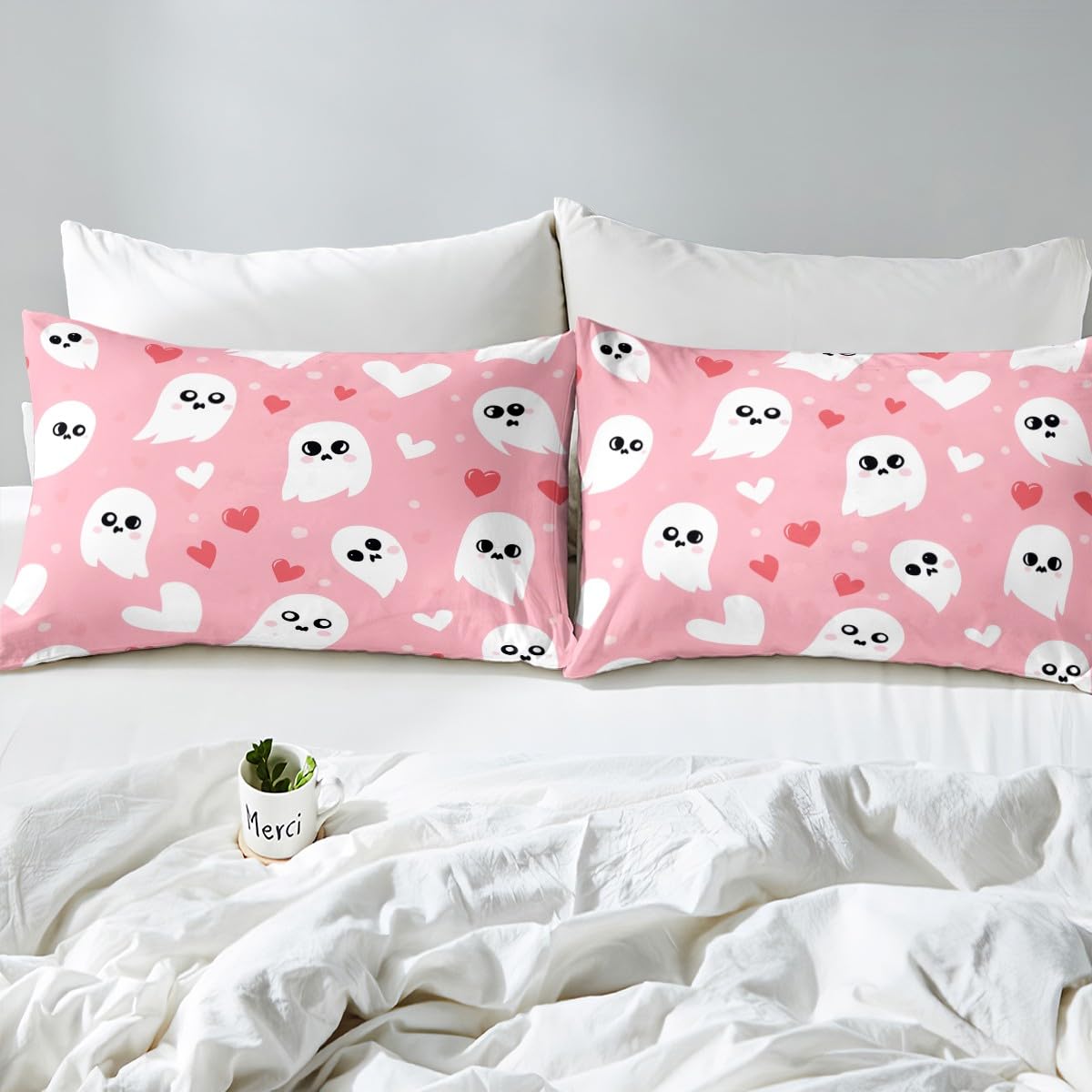 jejeloiu Cute Ghost Bed Sheets Set Full Size Kids Happy Halloween Pink Fitted Sheet for Boys Girls Kawaii Bedding Set Soft Microfiber Room Decor(with 2 Pillow Cases)