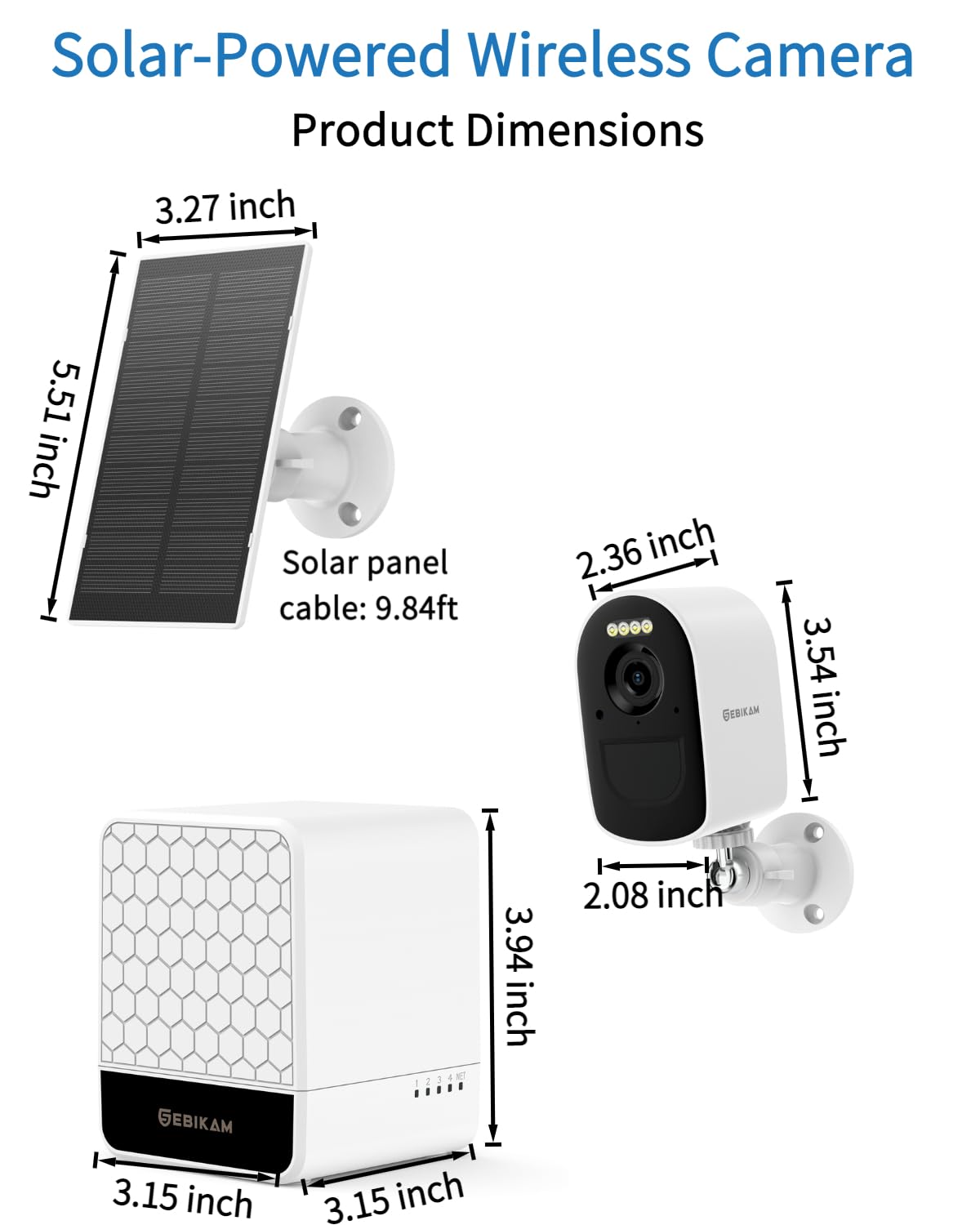 Sebikam Wireless Outdoor Security Camera System, 4 Solar Powered 2K/4MP Battery Cameras, Dual Band 5GHz & 2.4GHz WiFi, Color Night Vision, PIR Motion Detection, Remote App Access for Home Security