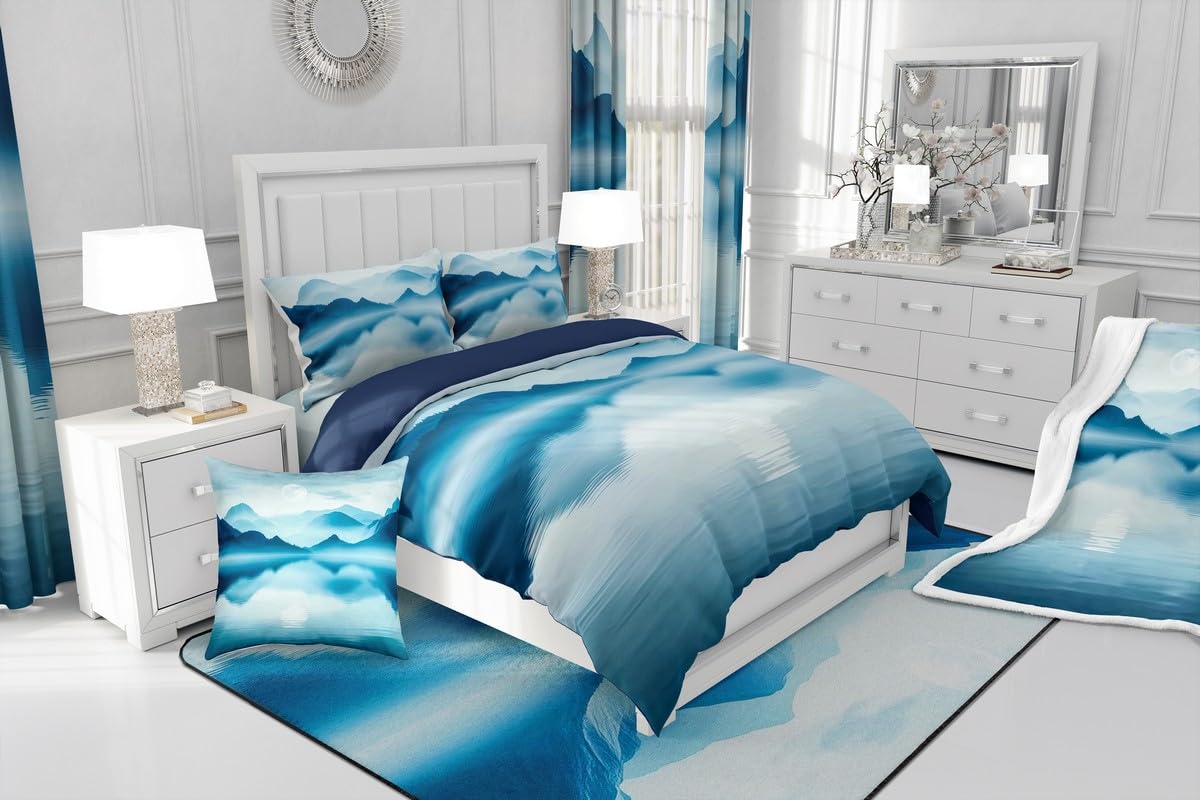 Feelyou Smoky Mountain Bedding Sheets Full Foggy Scenic Bed Sheet Set for Adult Kids Teal Blue Fitted Sheet Natural Landscape Bed Cover 3Pcs,1 Fitted Sheet+2 Pillow Sham(No Flat Sheet)