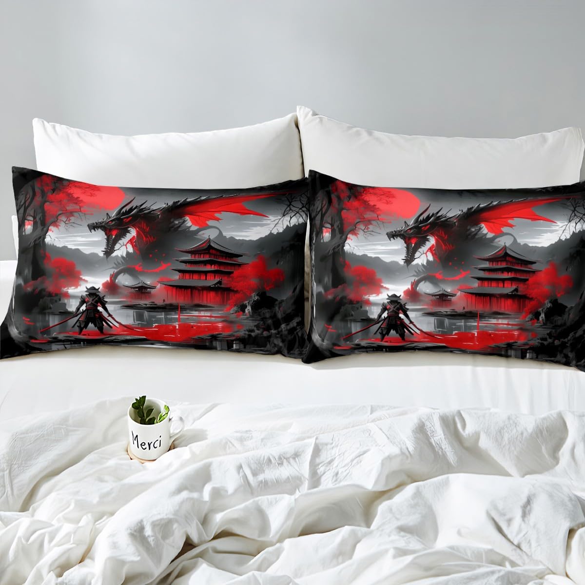 Erosebridal Japanese Style Full Bed Set Dragon Bed Sheets Set Magical Animals Flat Fitted Sheet Western Wildlife Theme Bedding Set for Boys Kids Adult Bedroom, with 2 Pillow Cases