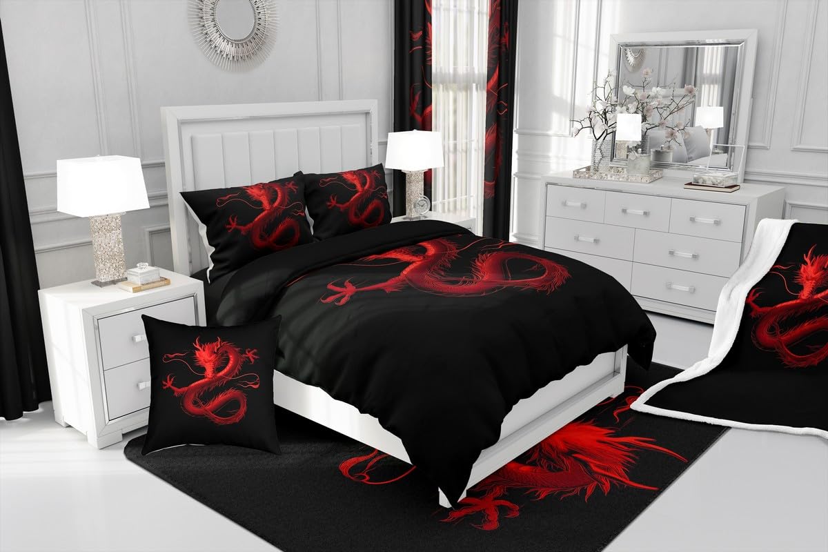 Feelyou Dragon Monster Bedding Sheets Full Red Dragon Bed Sheet Set for Adult Kids Classical Monster Fitted Sheet Black Red Cool Bed Cover 3Pcs,1 Fitted Sheet+2 Pillow Sham(No Flat Sheet)