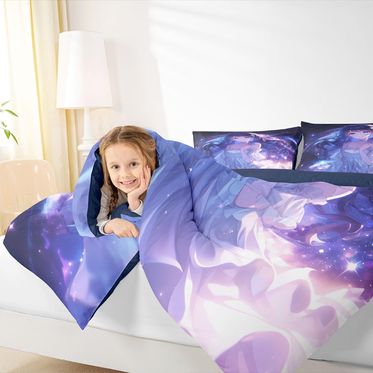 Erosebridal Anime Girls Bedding Anime Gifts Comforter Set for Kids Purple 3D Galaxy Printing Bedding Sets, Cartoon Long Curly Hair Girly Printed Comforter Kids Kawaii Japanese Girl Bed Set, Twin