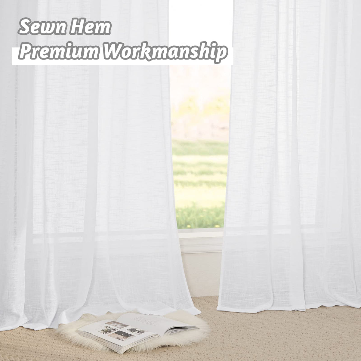 RYB HOME White Semi Sheer Curtains 84 inches Long - Living Room Curtains for Half Privacy, Linen Textured Sheer Light Filtering Vertical Window Drapes for Bedroom Dining, Width 52 inch, 2 Panels