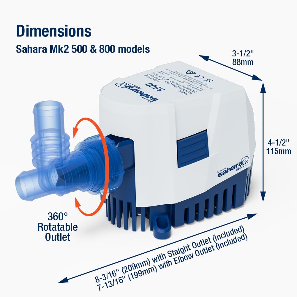 Attwood 5509-7 Sahara MK2 S800 (24V), Automatic Bilge Pump, 800 GPH, With Fittings (Elbow & Straight), Direct Replacement For Attwood 4508-1