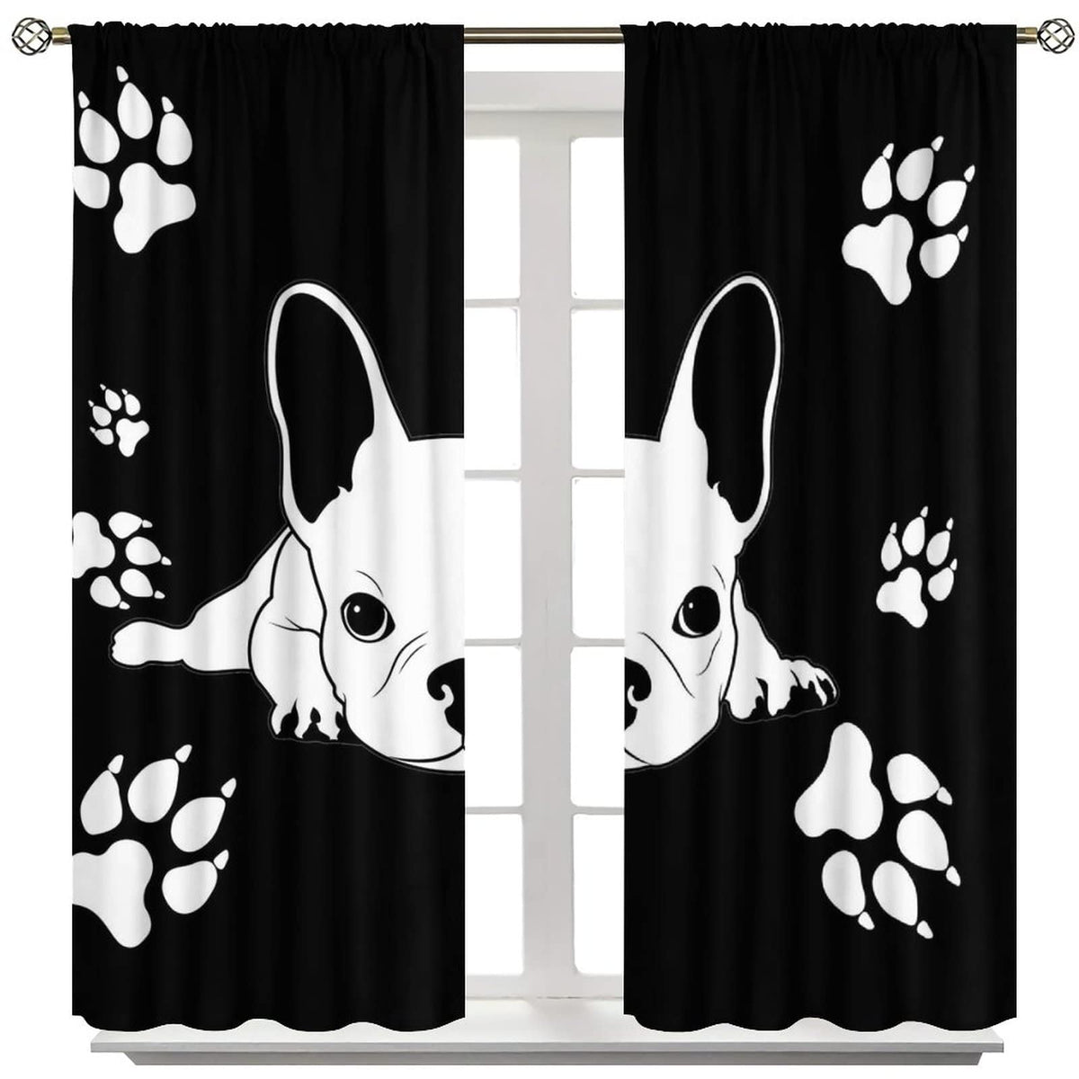Kazynee Cute French Bulldog Rod Pocket Blackout Curtains for Bedroom - Black White Abstract Hand Painted Dog Paw Puppy Window Drapes,2 Panels 45L x 21W Thermal Insulated Room Darkening Curtains