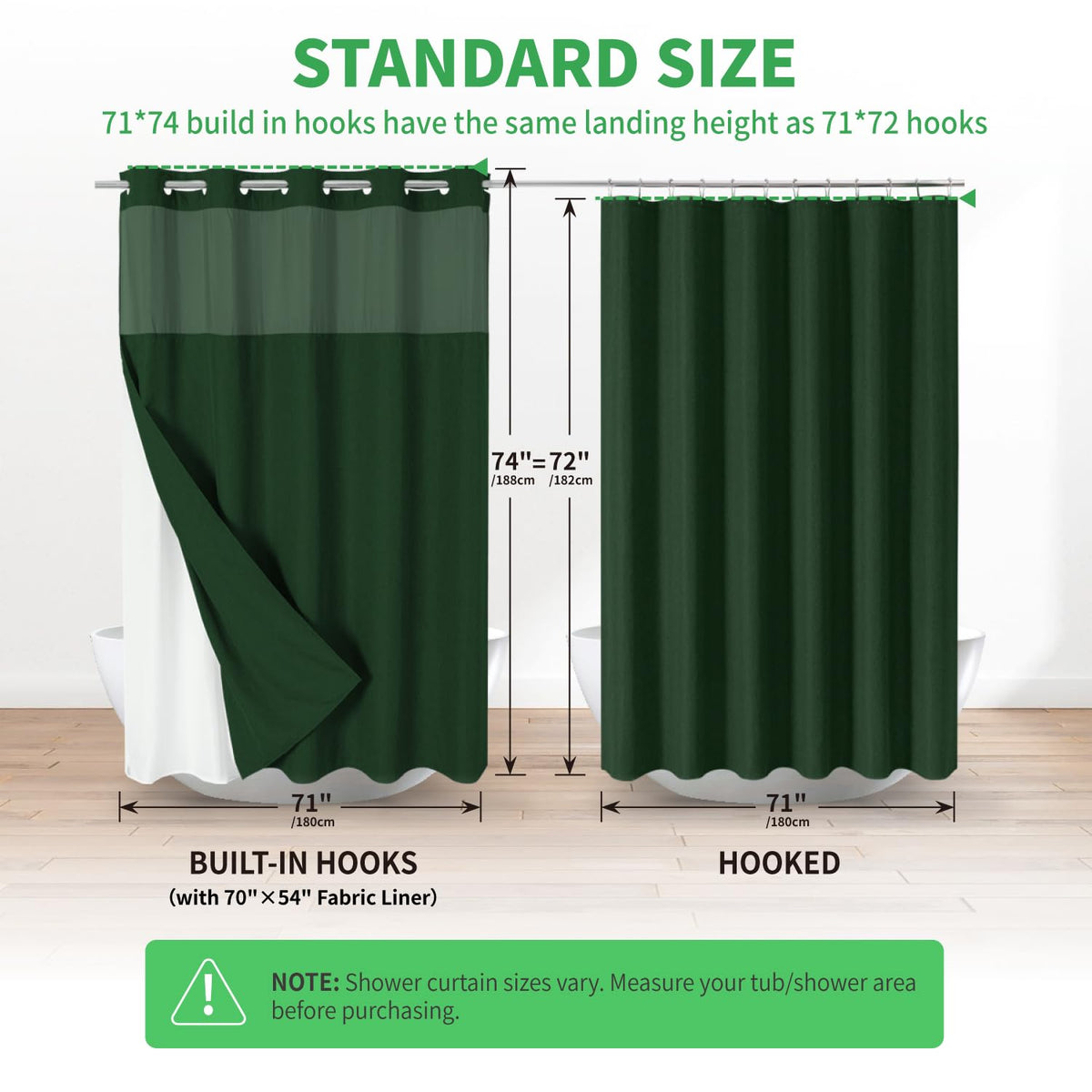 eachope No Hooks Needed Linen Textured Shower Curtain with Snap-in Fabric Liner Set,Hotel Luxury Decor Shower Curtains for Bathroom with Mesh Top Window,Waterproof & Washable,71Wx74H,Emerald Green