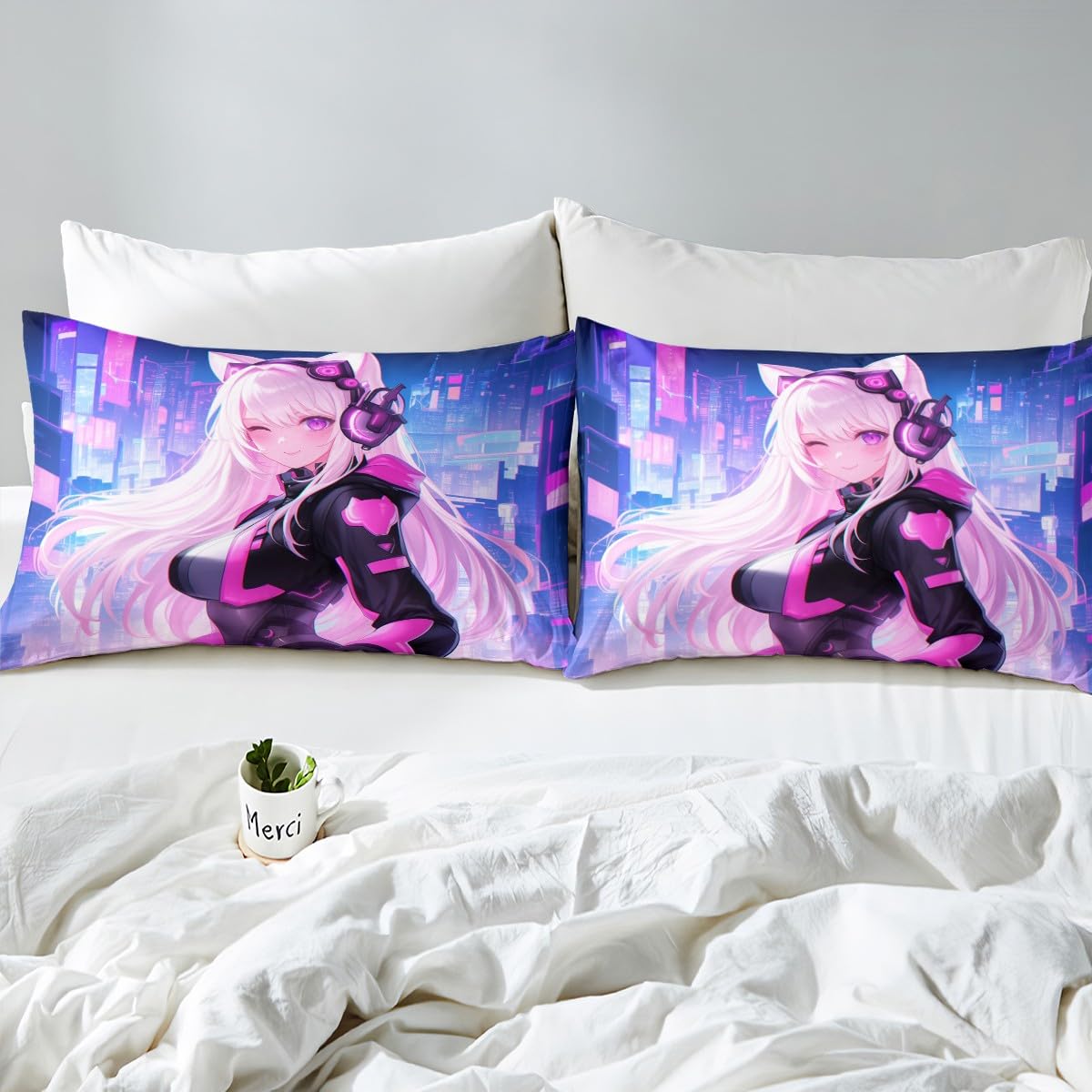 Erosebridal Twin Anime Girl Top Fitted Sheet 3 Piece, Kawaii Japanese Anime Sheet Set Cartoon Girl Bed Sheets Sci Fi Style Japanese Animation Bedding Set for Kids Girls Teens Adult Room