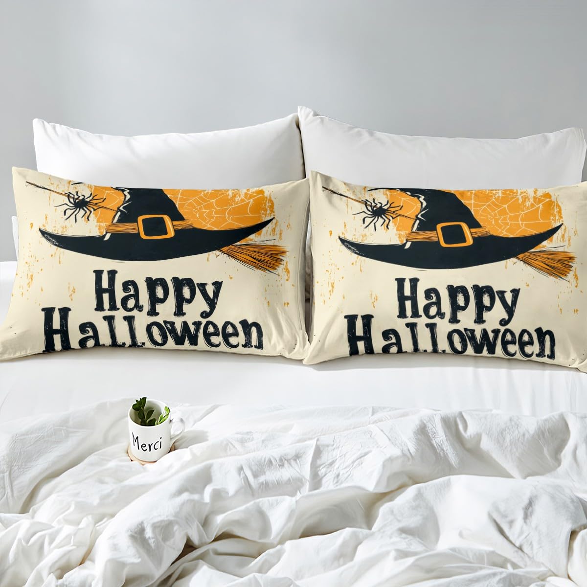 Feelyou Kids Happy Halloween Bedding Set Full Size, Witch Bed Sheet Set Boys Girls Spider Web Fitted Sheet Horror Decor Teens Bedroom Decor Lightweight Bed Set (No Flat Sheet)