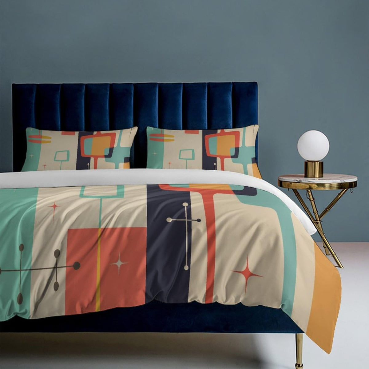 Mid Century Duvet Cover Queen Retro Atomic Bedding Set, Rainbow Grid Comforter Cover Vintage Fifties 1950s Bed Set,Abstract Art Bedding 3 Piece (1 Duvet Cover 86"x70" + 2 Pillow Sham 20"x30")