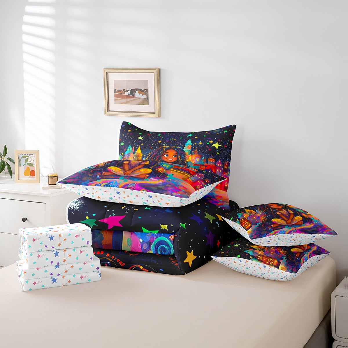 jejeloiu Kids Cute Black Girl Comforter Set 7 Pieces Full Size Castle Star Print Bedding Set African American Girl Bed in a Bag with Comforter, Sheets, Pillowcases & Cushion Covers(No Glitter)
