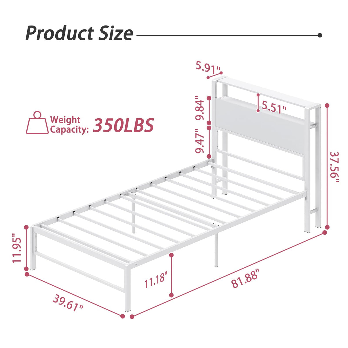 Weehom Twin Bed Frames for Kids, Twin Size Bed with 2 Tiers Wood Shelves Headboard No Box Spring Needed Easy Assembly Heavy Duty Metal Plaform, White