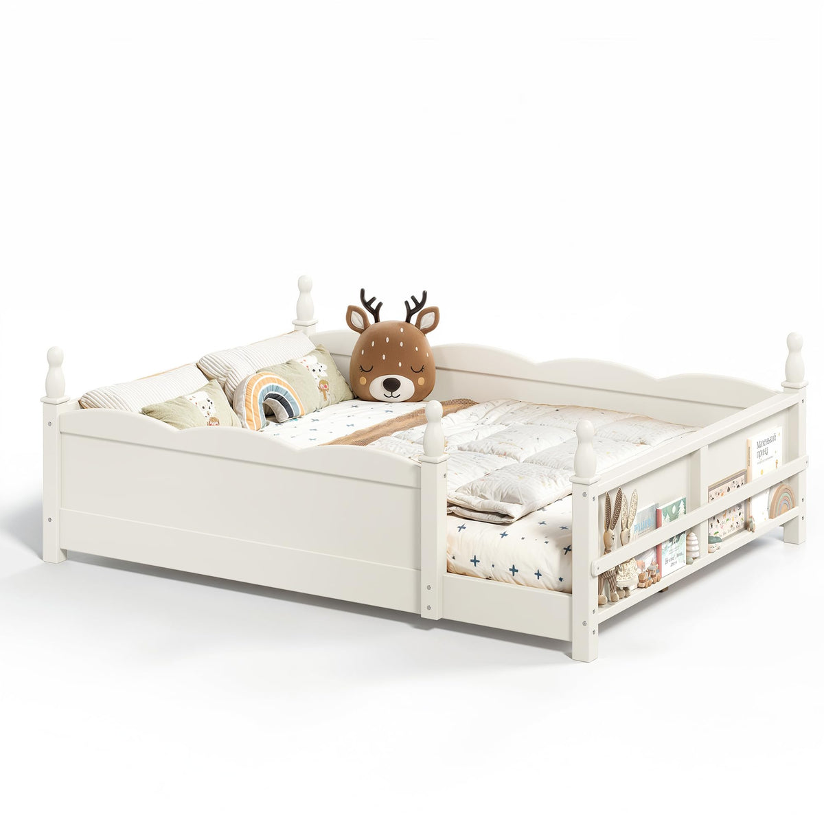 KEIKI Full Size Wood Montessori Floor Bed Frame with Beside Book Shelf, for Girls and Boys, Floor Bed with Full-Length Guardrails & Slats, Easy Assembly, No Box Spring Required, for Bedroom, Beige