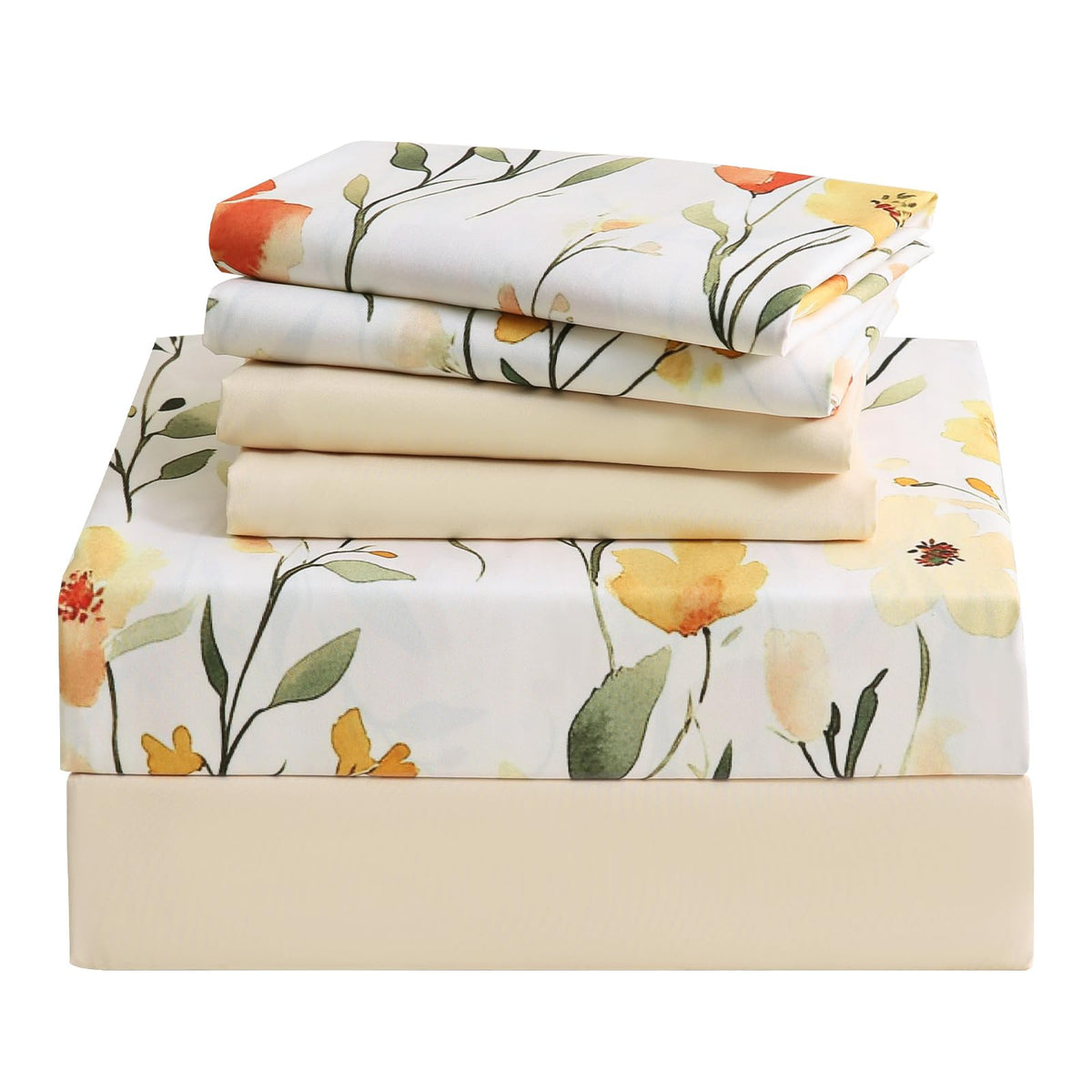 Botanical 6-Piece King Size Sheets Set, Boho Floral Print Brushed Microfiber Sheets, Cooling Bed Sheet Set, Ultra Soft & Breathable, 16' Deep Pocket Fitted Sheet & Pillowcase Set, Beige Floral