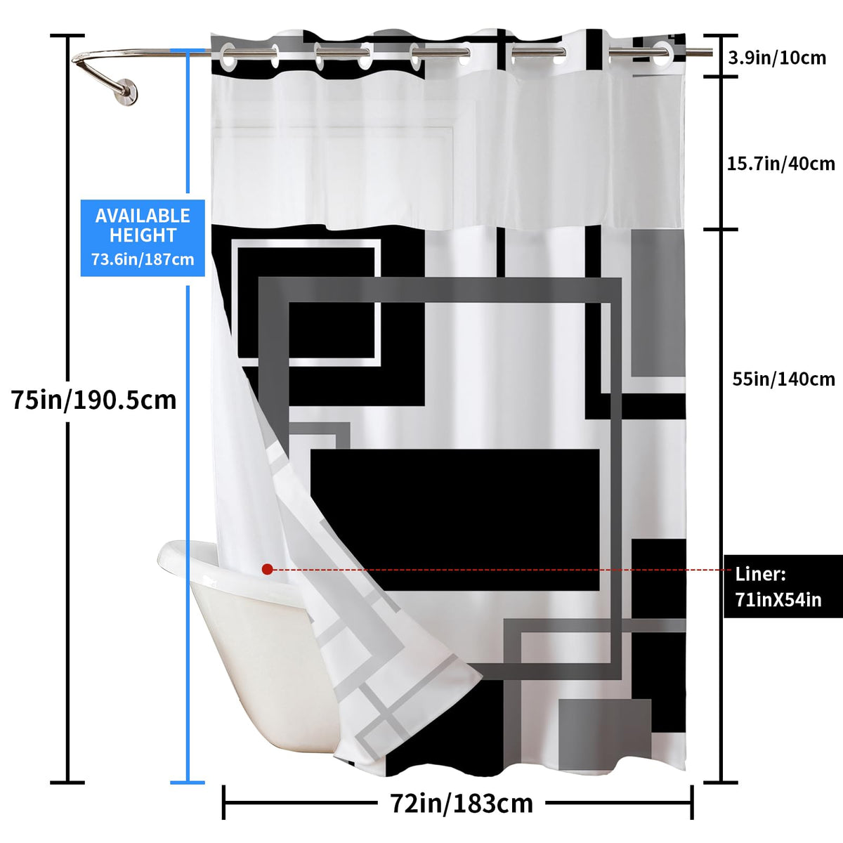 Vostolaiv No Hook Shower Curtain Black Geometric Shower Curtains with Snap in Liner Set Waterproof Polyester Shower Curtains Checkered Vintage Hookless Shower Curtain for Bathroom Tub, 72" X 75"