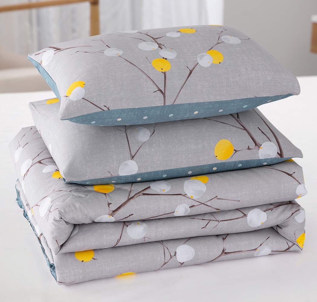 SLEEPBELLA Comforter Queen Size, 600 Thread Count Cotton Grey Branch with Yellow Turquoise Polka Dot Pattern Green Reversible Comforter Set,Down Alternative Bedding Set 3Pcs (Queen, Grey Branch)