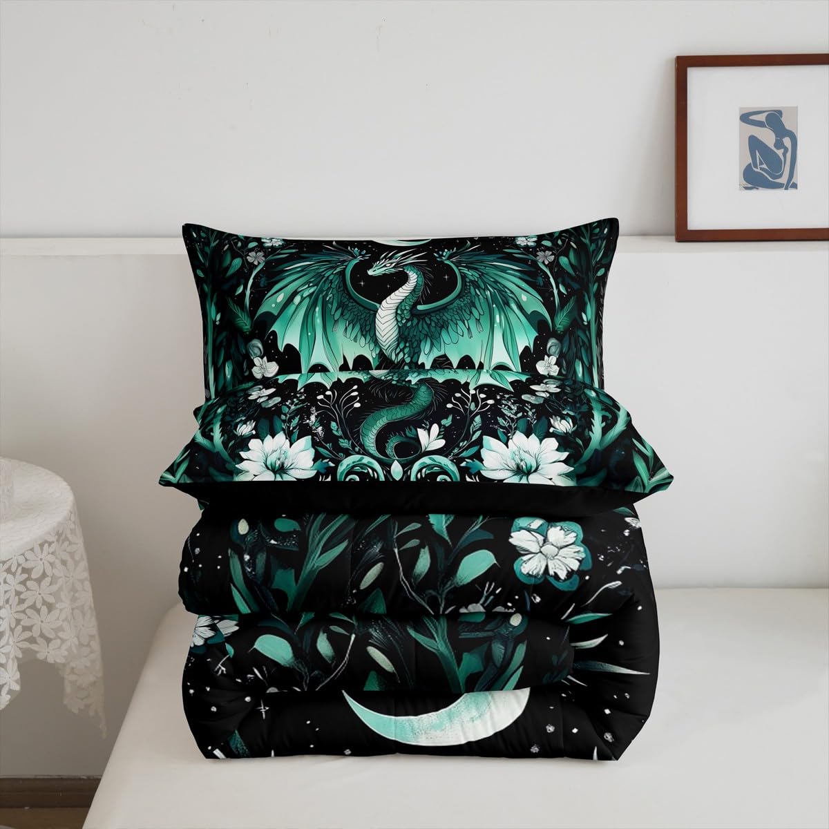 Feelyou Kids Dragon Comforter Set Queen Size, Green Dragon Bedding Set for Kids Boys Girls Boho Duvet Insert Room Decor 3Pcs
