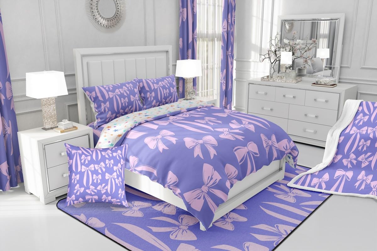 Feelyou Cute Bowknot Bedding Sheets Girls Like Full Purple Bowknot Bed Sheet Set Kids Cartoon Style Fitted Sheet Ribbons Silk Bows Bed Cover 3Pcs,1 Fitted Sheet+2 Pillow Sham(No Flat Sheet)