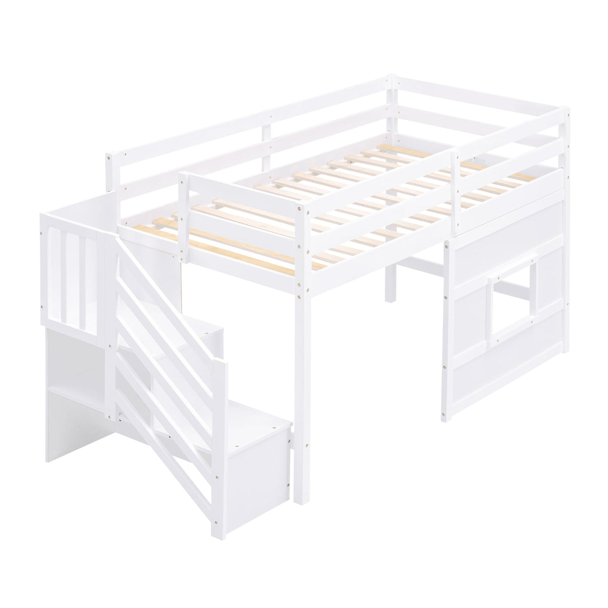 Harper & Bright Designs Twin Low Loft Bed with Staircase and LED for Kids,Wood House Loft Bed Frame with Window and Guardrails,White