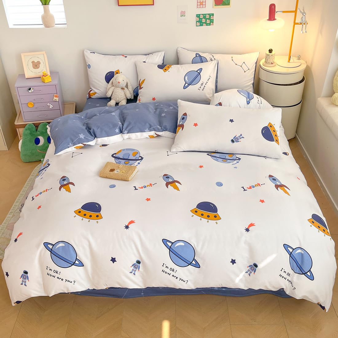 LIWHENHAO Rocket Duvet Cover Set Twin 100% Cotton Bedding Cartoon Astronaut Galaxy Universe Print on White 1 Space Star Comforter Cover Zipper Closure 2 Pillowcases for Kids Girls Boys