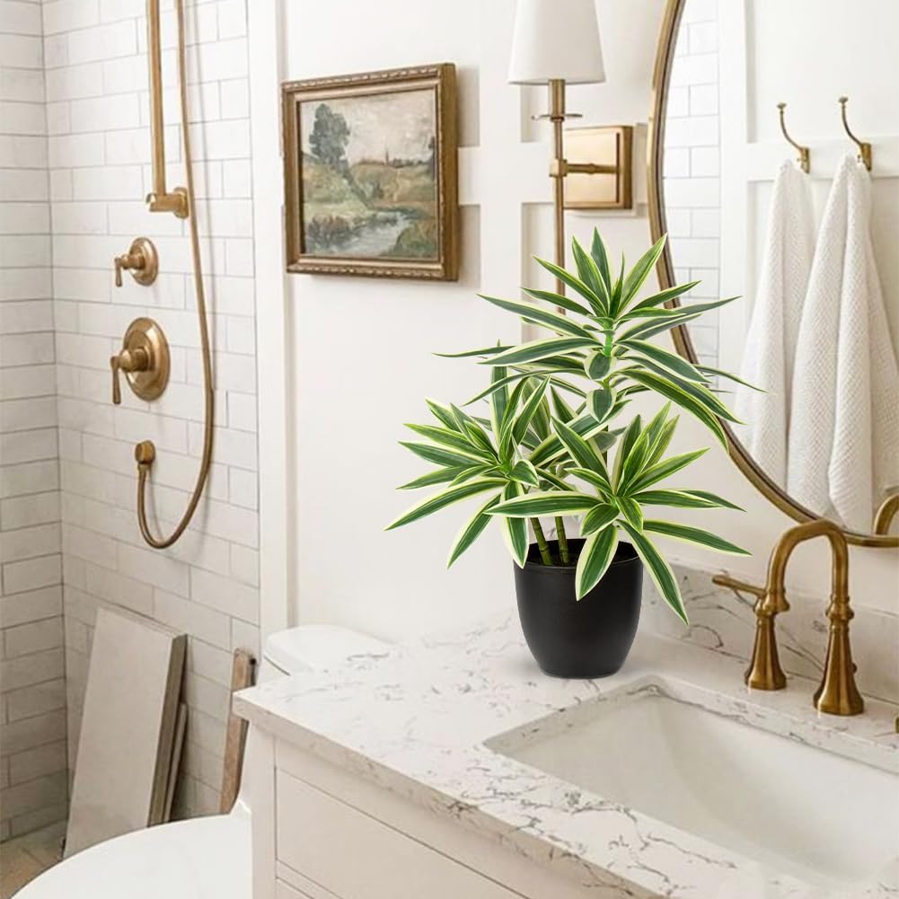 Faux Plants 16.1" Dracaena Artificial Plant Realistic Fake Plants in Pot Small Indoor Plants Fake Potted Plants Artificial Decor for Home Living Room Bathroom Office House Table Desk Shelf, Green
