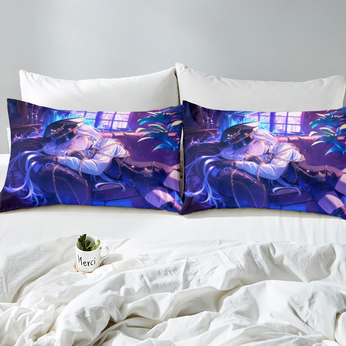 Erosebridal Anime Girl Fitted Sheet Full Size Japanese Anime Bed Sheets for Kids Boys Teens Women Bedroom Decor, Cartoon Girl Bedding Set Japanese Animation Kawaii Sheets, Purple
