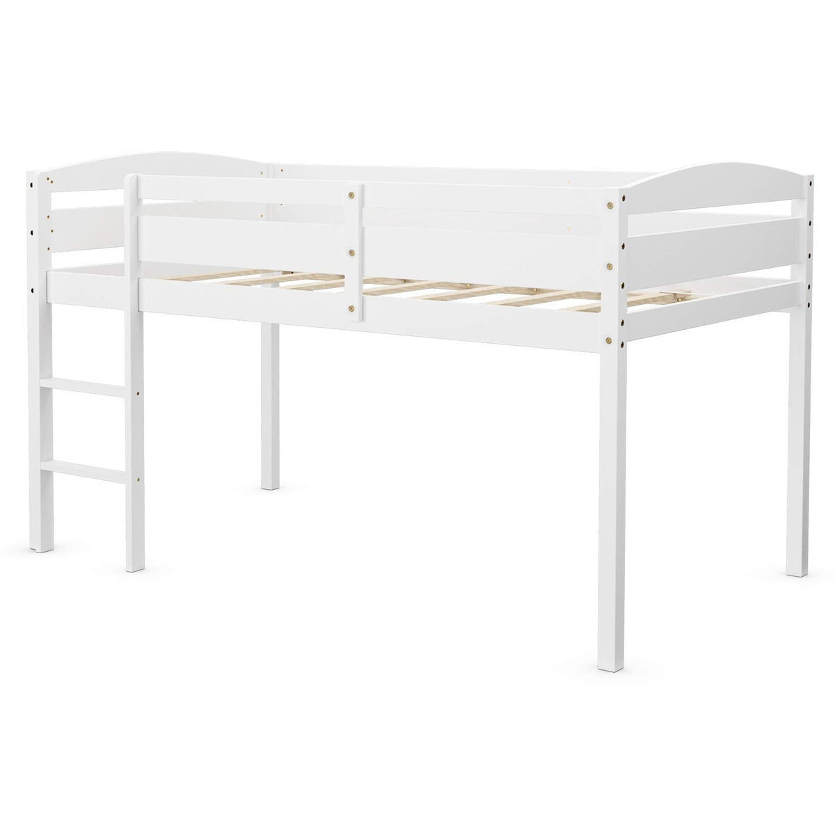 Costzon Twin Loft Bed, Solid Wood Low Loft Bed w/Guard Rail and Ladder, Boys & Girls Twin Bed for Kids Room, No Box Spring Needed, Classic Children Low Loft Bed with Storage for Bedroom, White