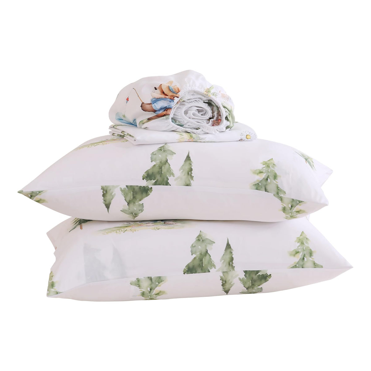 Yibeizi Camper Themed Sheet Set Full Size, Kids Woodland Animals Print Bedsheets Microfiber Deep Pocket Cute Patterned Bed Sheet & Pillowcase Sets 4 Pieces