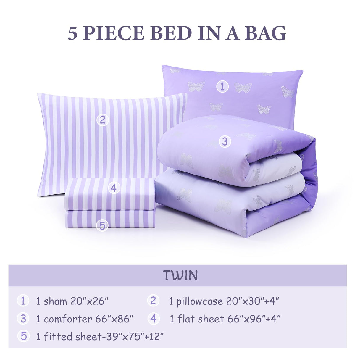 Wink Deer Twin Comforter Set with Sheets for Girls-5 Pieces Twin Bedding Sets with with Purple White Gradient Ombre Comforter, Sheets, Pillowcases & Shams for Kids (Silver Butterfly, 66" X 86")