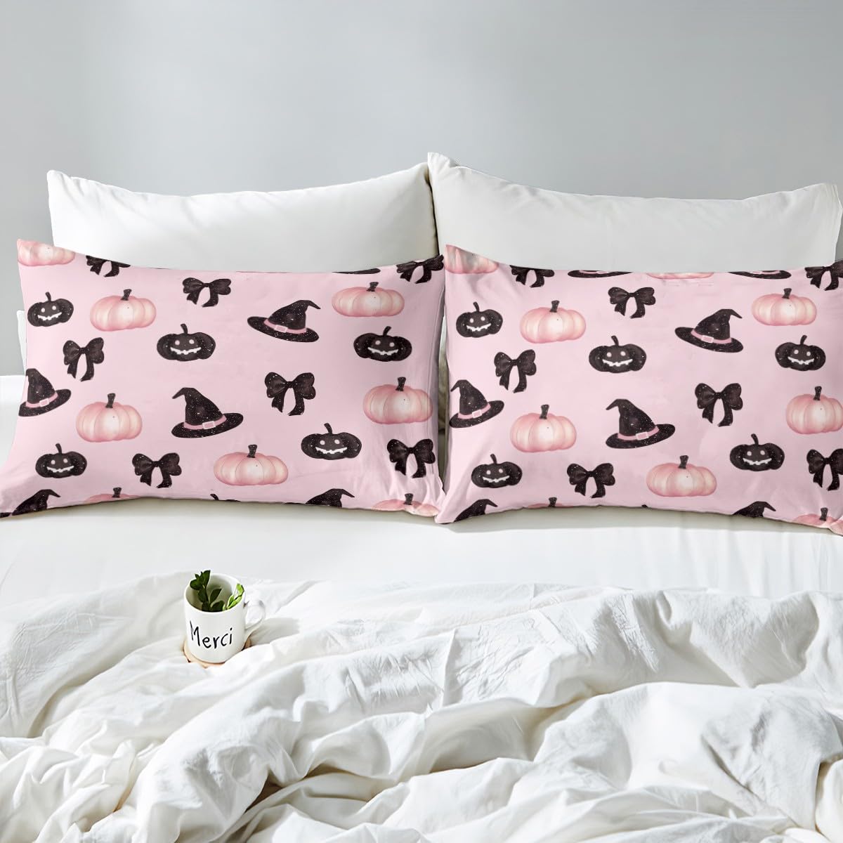 Feelyou Pink Halloween Fitted Sheet Full Size for Kids Boys Girls Black Bowknot Bed Sheets Set 16" Deep Pocket Microfiber Halloween Decor Bedding with 2 Pillowcases Trick or Treat Room Decor