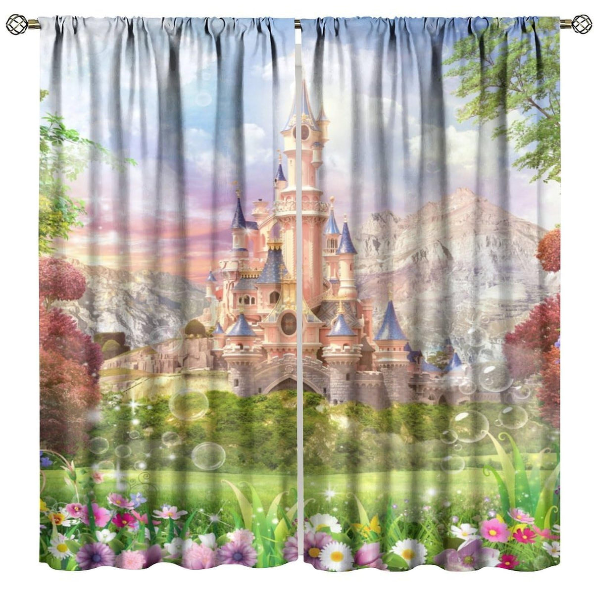 Pink Castle Curtains For Children Romantic Fairy Tale World One Garden Floral Castle Pattern Rod Pocket Window Drapes For Kids Girls Boys Bedroom Living Room 2 Panels Set 41x 45 in (No Blackout)