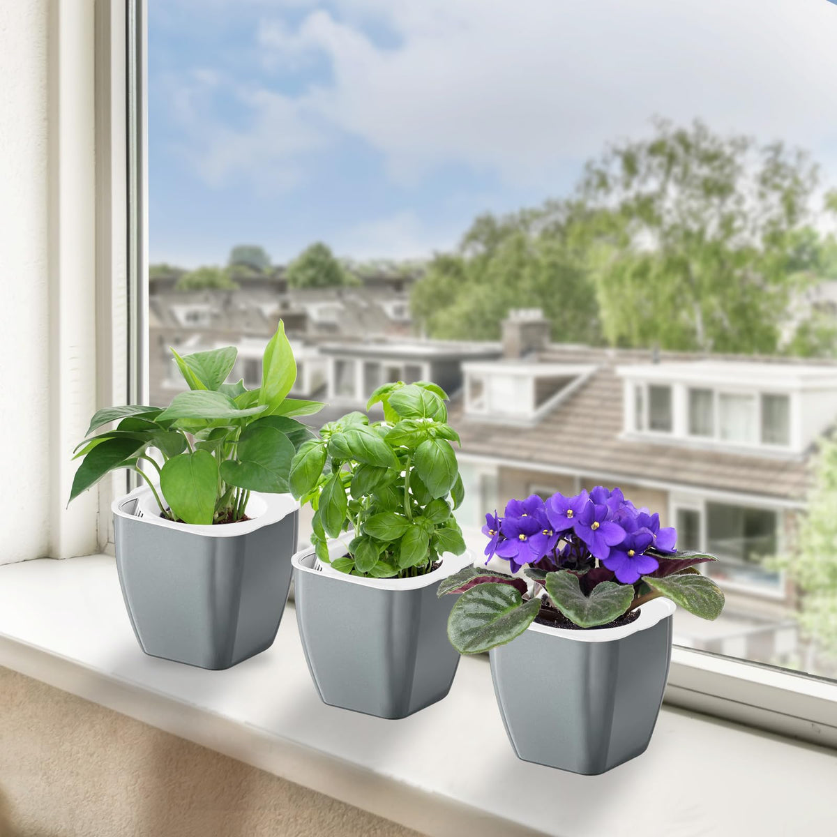 Oliz 4 Pack Self Watering Pots 4-inch Decorative Flower Planters for Indoor Plants Modern Square planters for Small Plants Window Sill Planters for Succulents, African Violets, Herbs(Sliver Black)