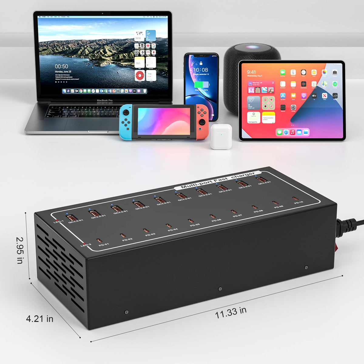 20-Port Fast Charging Station 400W, USB C and USB A Charger Dock with Smart Power Distribution Technology,for Multiple Devices, PD/QC Fast Charging Support