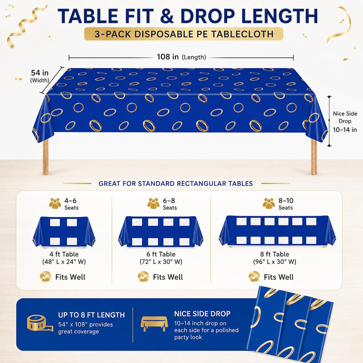 ANLLECR 3Pcs 108 x 54 Inches Blue with Gold Ring Print Tablecloth,Blue Disposable Rectangle Plastic Table Cover for Boys Girls Birthday Party Decoration