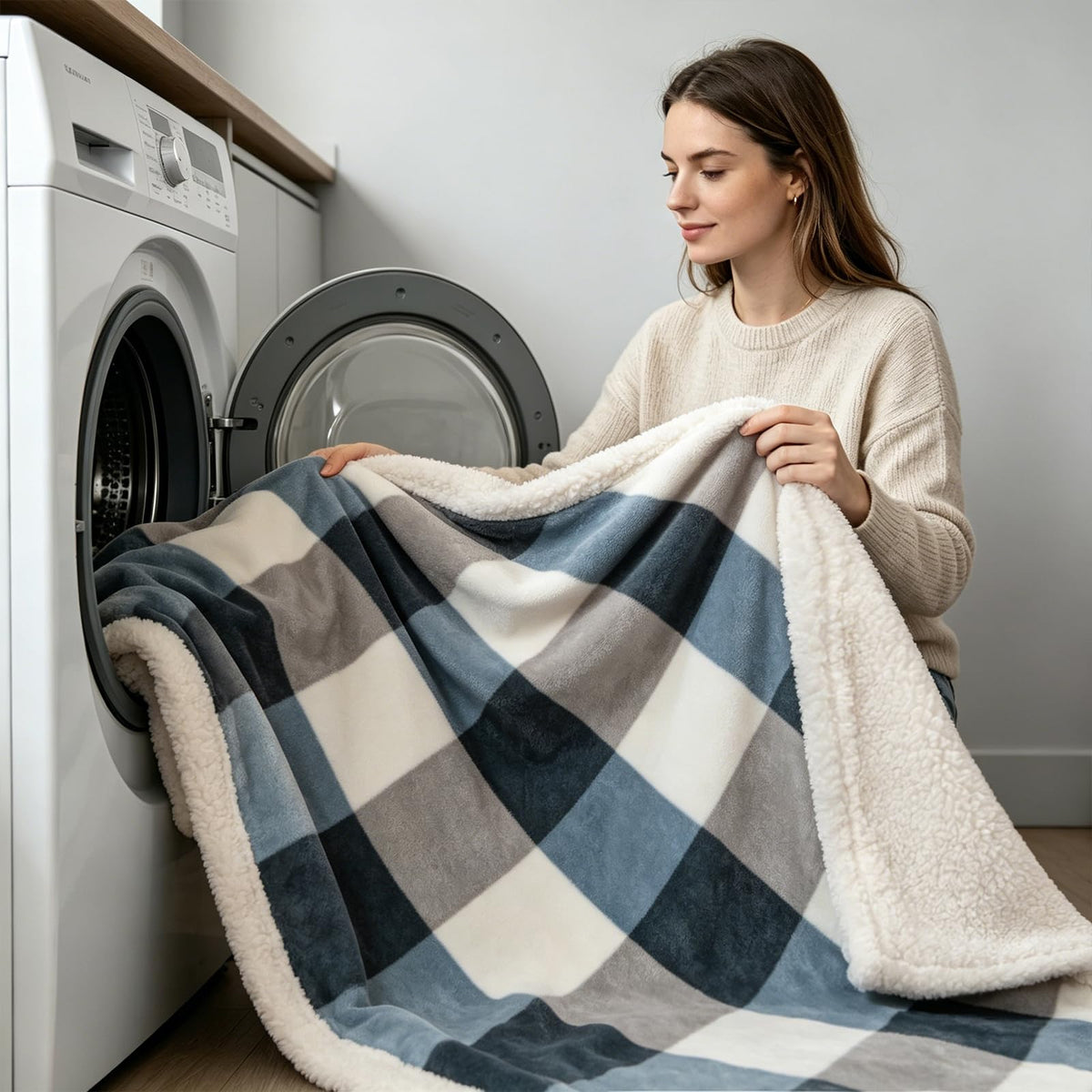 PU MEI Sherpa Fleece Throw Blanket 60" x 80" Reversible Plush Fluffy Large Big Blanket Lattice Flannel Blankets for Sofa Couch Bed (Grey-Soft Blue, 60"*80")