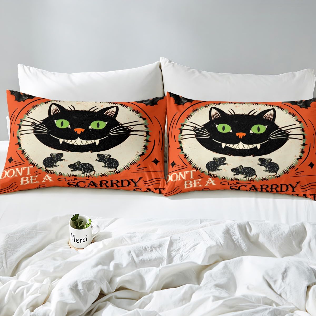 Feelyou Kids Halloween Fitted Sheet Full Size, Horror Decor Bedding Set Black Cat Bed Sheet Set Boys Girls Happy Halloween Teens Bedroom Decor 3Pcs (No TOP Sheet)