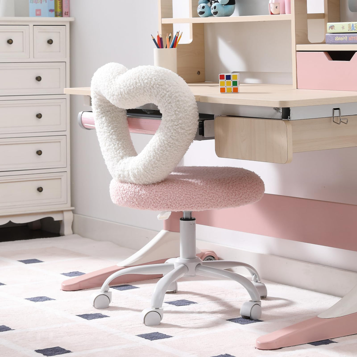 Cute Kids Desk Chairs,360’ Swivel Kids Chairs Computer Chairs with Wheels,Adjustable Heart Children Chair Study Upholstered Vanity Chair Chair for Teen Girls Boys Bedroom Children Gift, Pink
