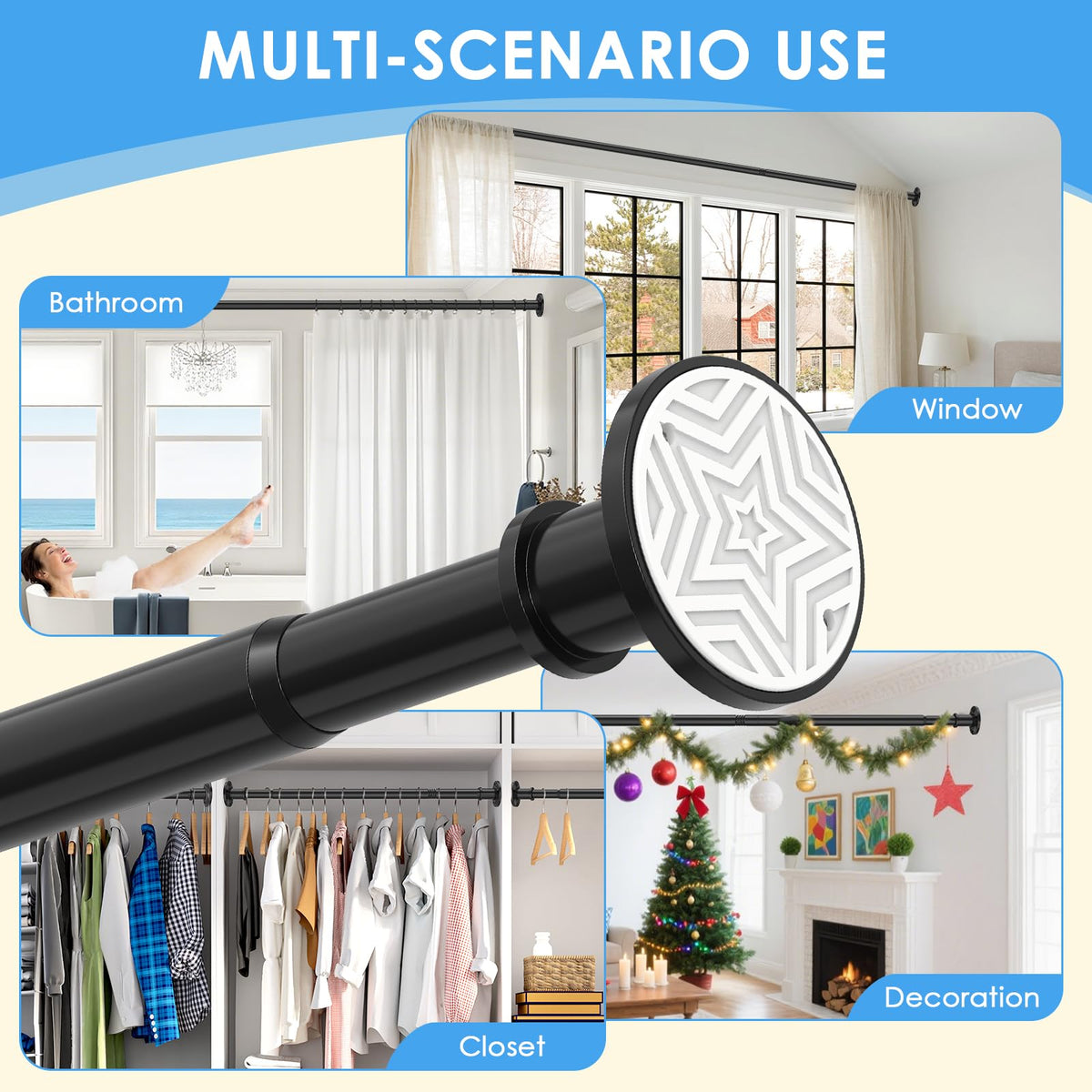 Tension Curtain Rod 31-88 inch Black Shower Curtain Rods for Bathroom Adjustable Curtain Rods No Drilling for Windows Spring Rod for Closet Tension Or Screw Mount Easy Install Non Slip, No Rust